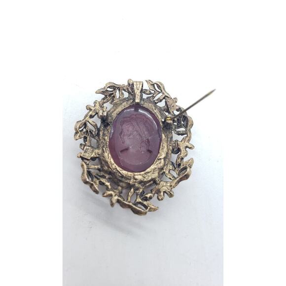 Vintage Purple Glass Reverse Carved Intaglio Cameo Brooch Pendant Oval Victorian - Picture 5 of 7